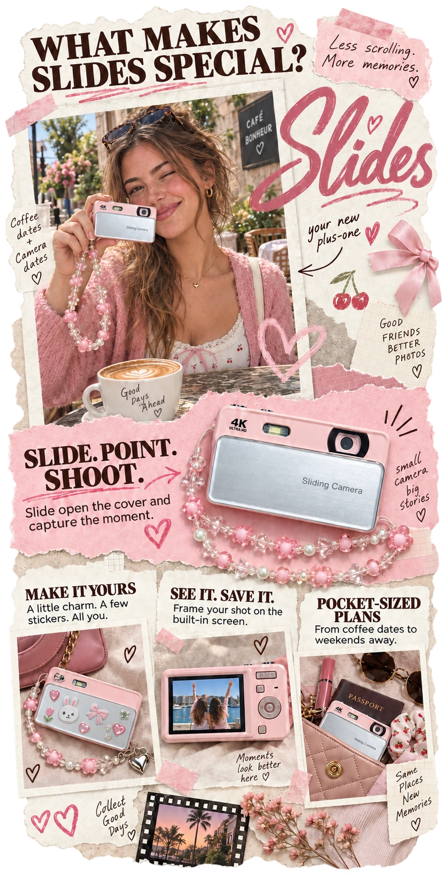 What makes Slides special: slide open to shoot, personalise with charms and stickers, frame photos on the built-in screen, and take a pocket-sized camera on days out.